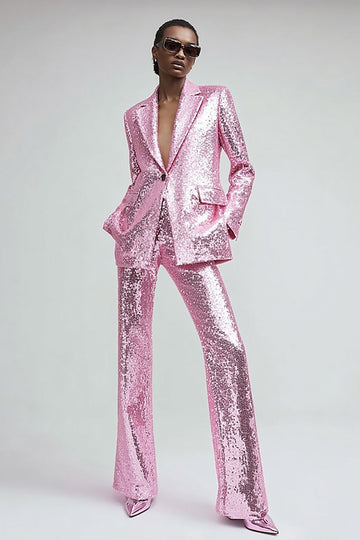 Sparkly Pink 2 Pieces Notched Lapel Women Tuxedo With Pockets